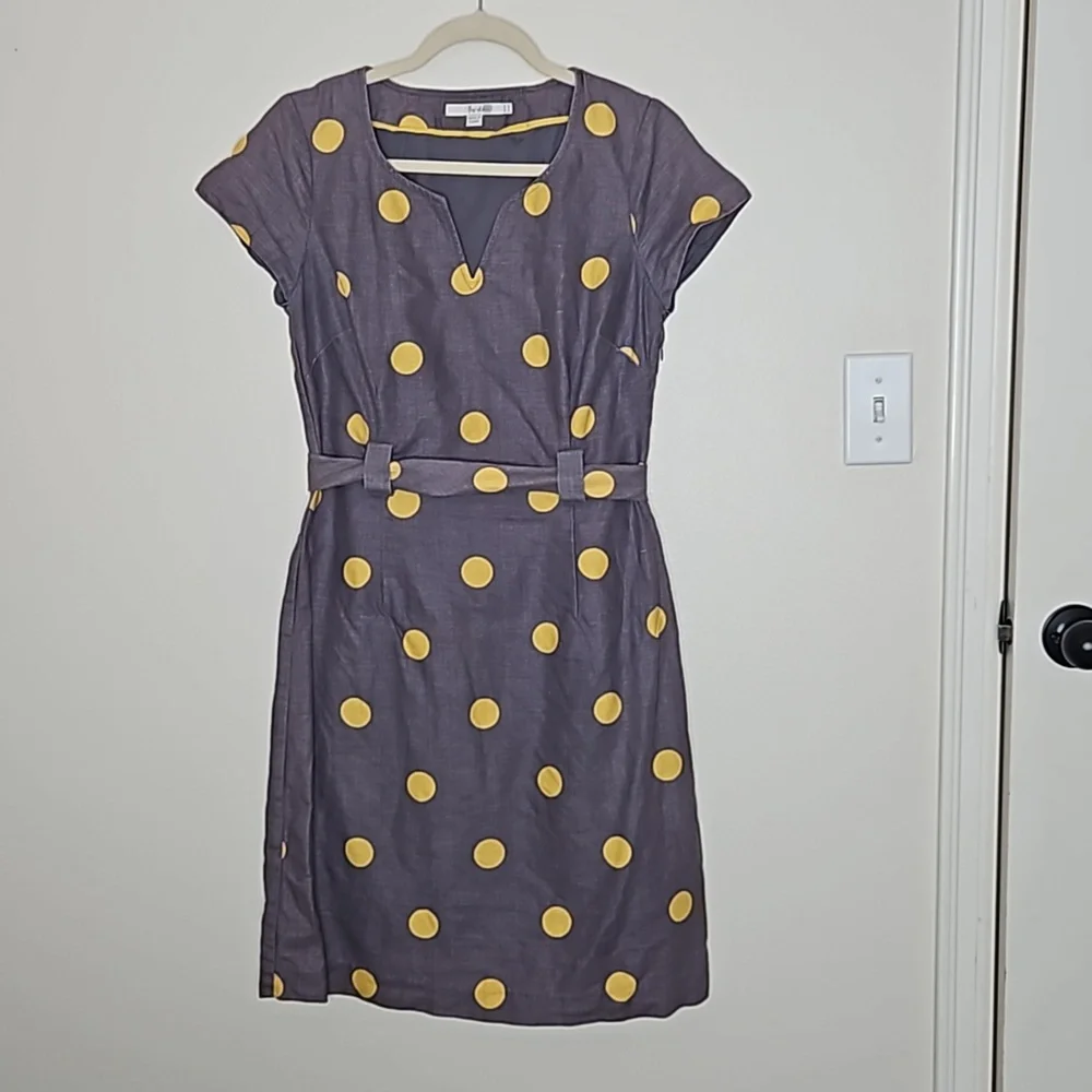 Boden Womens Dress Sz 6 Gray Yellow Polka Dot Belted Sheath Cotton Linen Preppy - Picture 2 of 11